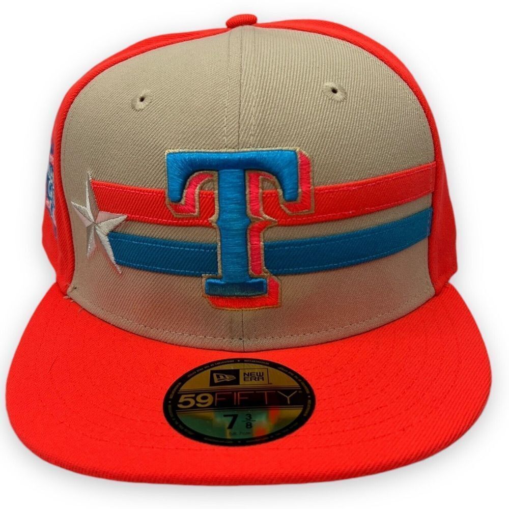 Texas Rangers Hat Fitted Mens 7 3/8 Neon Cream 2024 5950 New Era Stripes Star‎